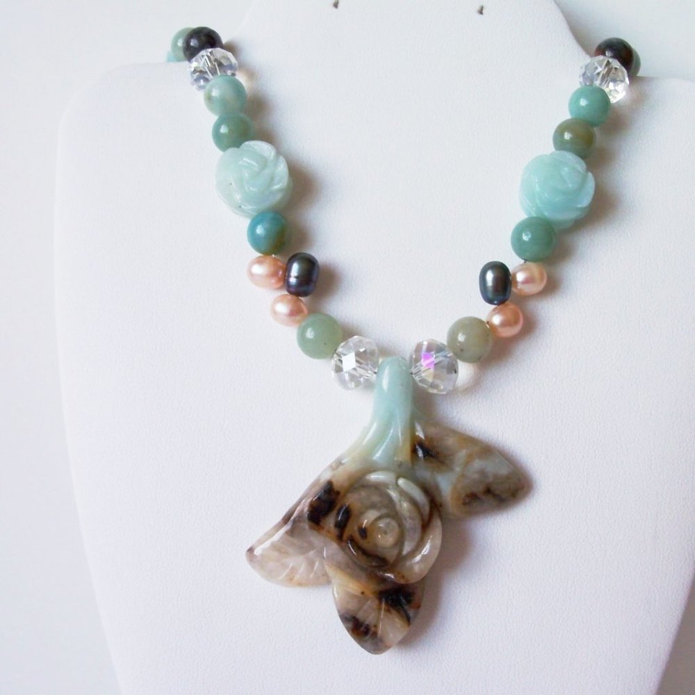 Natural Amazonite , pearl necklace NEW (#871)